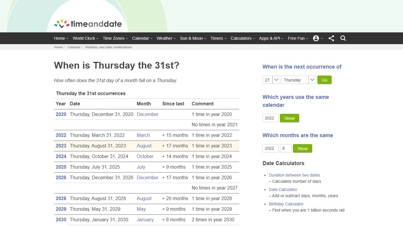 Months and Years having Thursday the 31st - Time and Date