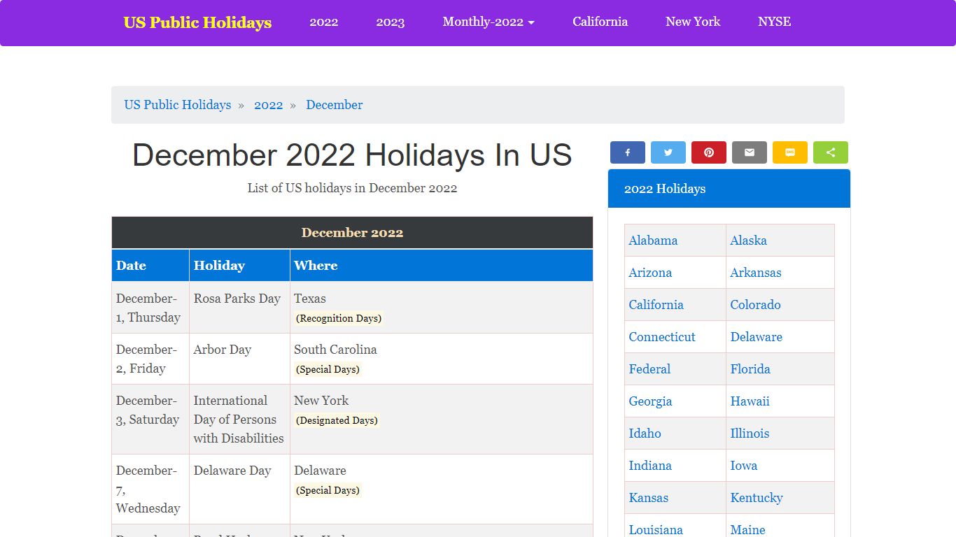 December 2022 Holidays In US